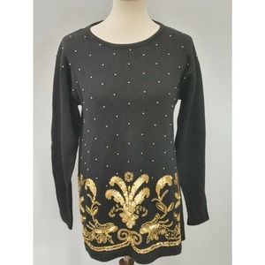 Black Sweater Tunic, Gold Beads, Sequins, M